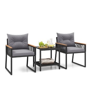 Tangkula 3 PCS Patio Furniture Set PE Rattan Wicker Chairs w/ 2 Tier Coffee Table Soft Back - 1 of 4