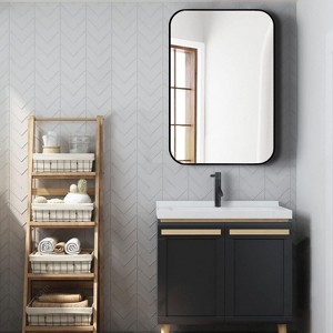 PexFix 24" x 36" Bathroom Mirror for Over Sink Wall Mirror Black Metal Frame Rounded Rectangular Vanity Mirrors for Bedroom Living Room Entryway Decor - 1 of 4