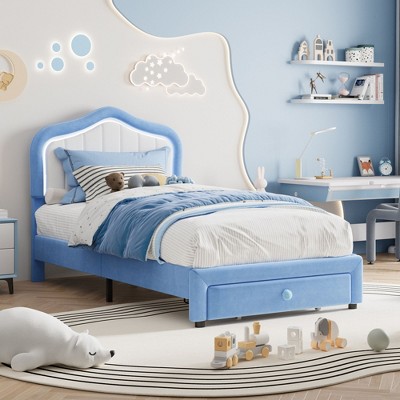 Homhougo Twin-XL Upholstered Bed Frame with Storage Drawers, Cute Girls & Boys Bed with Adjustable Headboard Blue
