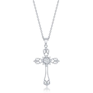 Bella Silver Sterling Silver, CZ Cross 18" Pendant Necklace - Silver - 1 of 2