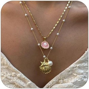 Layered Gold Shell Necklace With Conch & Starfish Pendant - Boho Non-Tarnish Summer Beach Vacation Jewelry Gift For Women - 1 of 4
