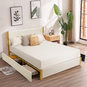 Costway Full\Queen Size Upholstered Bed Frame Wooden Slatted Adjustable Headboard 4 Drawers - 1 of 4
