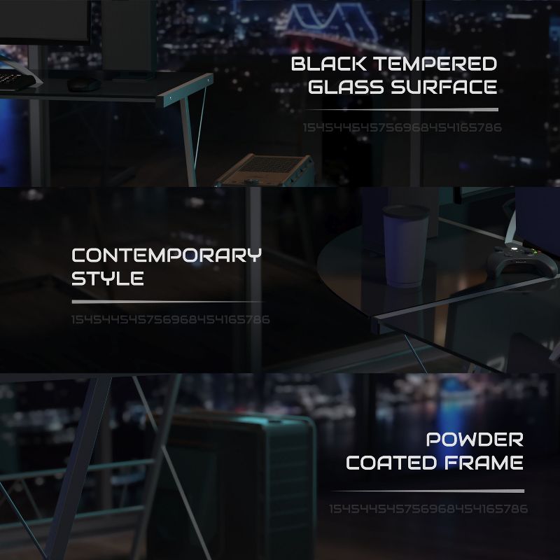 BlackArc L-Shaped Gaming Desk with Tempered Glass Top and Powder Coated Steel Frame, 4 of 11