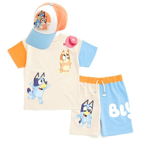 Bluey Drop Shoulder T-Shirt French Terry Shorts and Adjustable Snapback Baseball Cap 3 Piece Outfit Set Toddler to Big Kid - image 1 of 4