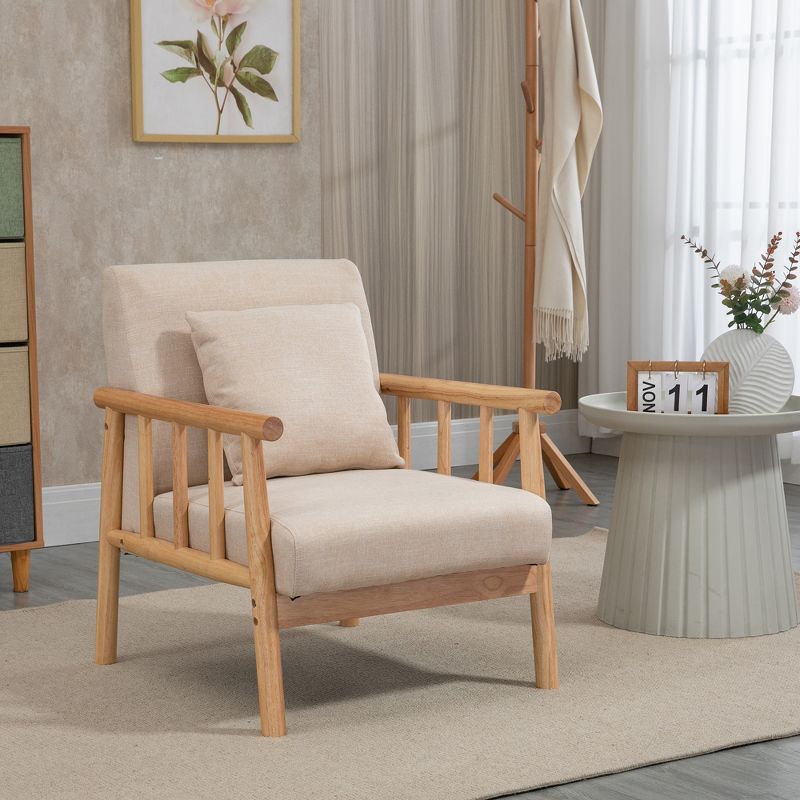 HOMCOM Accent Chair with Softness & Support, Upholstered Arm Chair for Living Room Furniture, Comfy Chair for Bedroom, Living Room Chair, Beige, 2 of 7