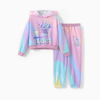 PATPAT Disney Stitch Kid Girl 2pcs Character Rainbow Striped Print Long-sleeve Hoodie And Pants Set