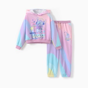 PATPAT Disney Stitch Kid Girl 2pcs Character Rainbow Striped Print Long-sleeve Hoodie And Pants Set - 1 of 4