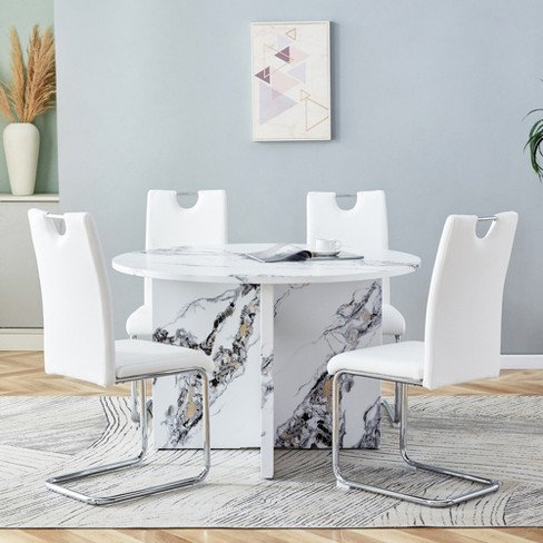 Round faux marble discount dining table set