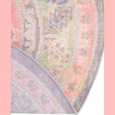 Round Pink and Ivory Synthetic Medallion Kids Rug