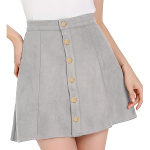 INSPIRE CHIC Women's Faux Suede Button Front A-Line High Waisted Mini Short Skirt - 1 of 4