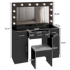 Black Linen Particleboard with Triamine 3 Drawers, 2 Doors, with 12 Tri-color Dimmable Light Bulbs, Rows of Plugs, Glass-topped Vanity Table Set - 4 of 4