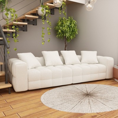 FUFU&GAGA 100" Plush White Teddy Velvet Sofa with Solid Wood Base and High Resilience Cushioning