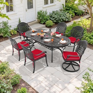 7-Piece Cast Aluminum Patio Dining Set with Oval Table, 2 swivel chairs and 4 fixed dining chairs, Red Cushions and Umbrella Hole - 1 of 4
