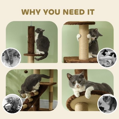 Adjustable Brown and Beige Plush Cat Tree Tower with Condo