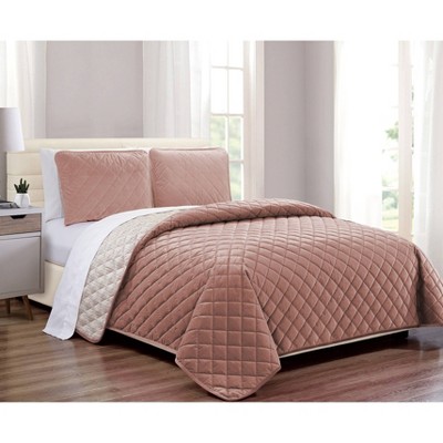 2pc Twin Reversible Quilted Velvet Coverlet & Sham Set Blush - Riverbrook Home