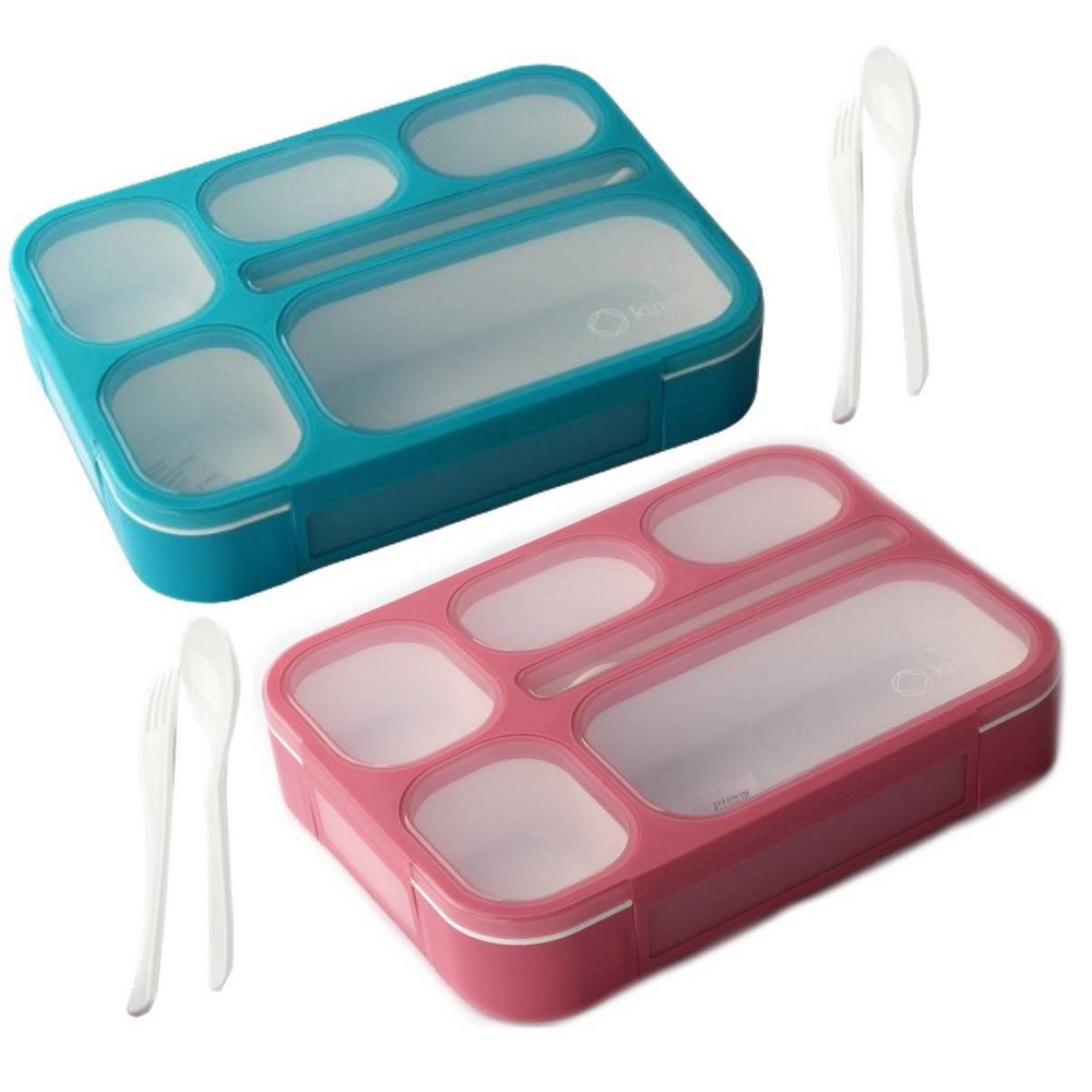 kinsho 8pc (set of 2) 4c Classic Bento Lunch Box 6 Section Leak Proof Food Storage Boxes Turquoise/Pink