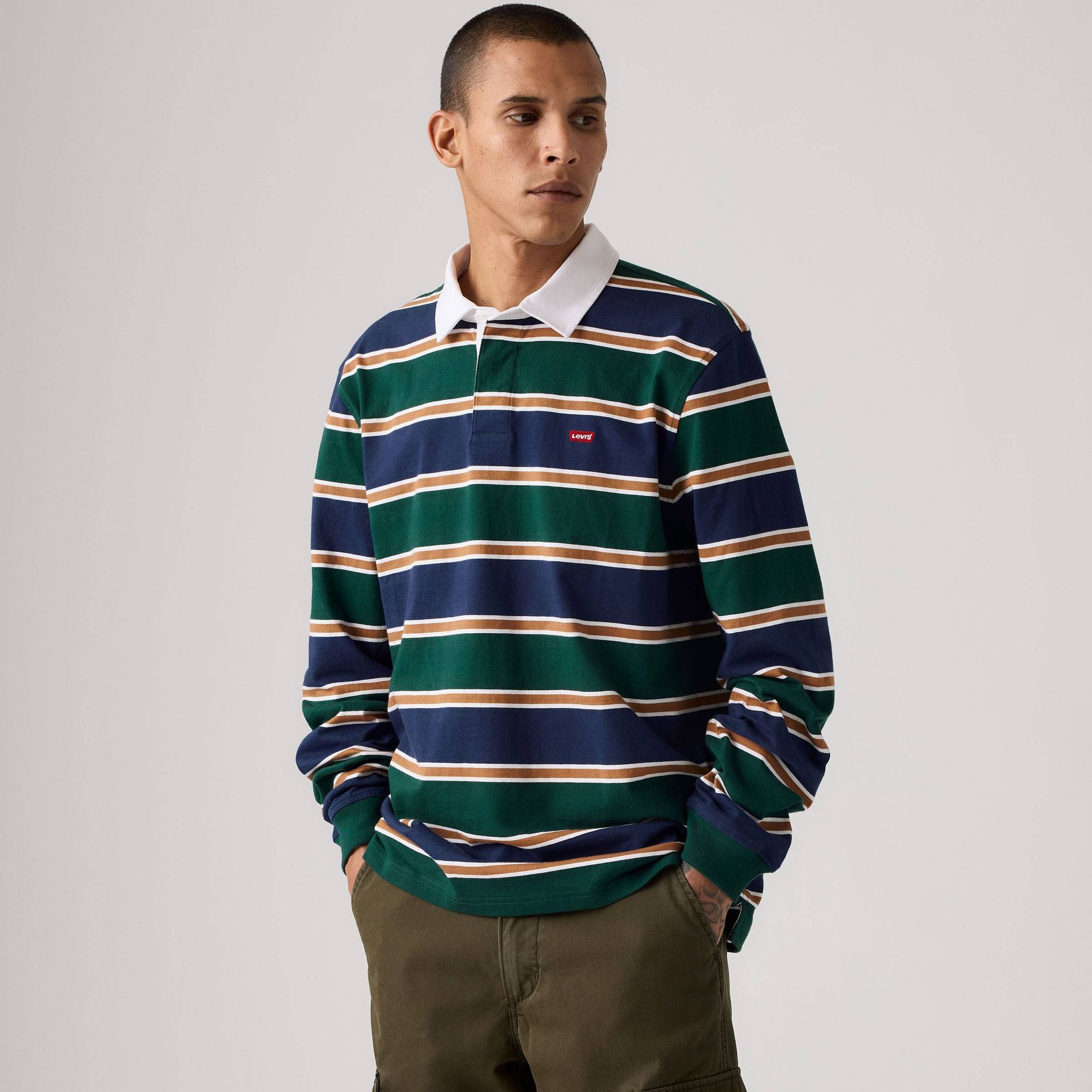 Levi's® Men's Relaxed Fit Long Sleeve Rugby Polo Shirt - Navy Blue/Green Striped L