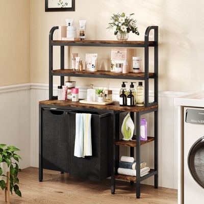 Garvee Laundry Basket, Laundry Hamper 2 Section with Side Shelves, 3 Tiers Laundry Sorter with 2 Pull-Out and Removable Laundry Bags, Brown