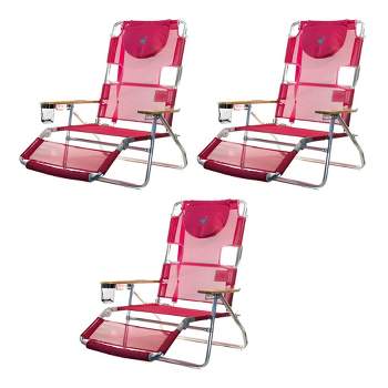 Ostrich Altitude 3-in-1 16-Inch Reclining Beach Chair with 5 Adjustable Chair Position, Carrying Straps and Cupholder, Pink (3 Pack)