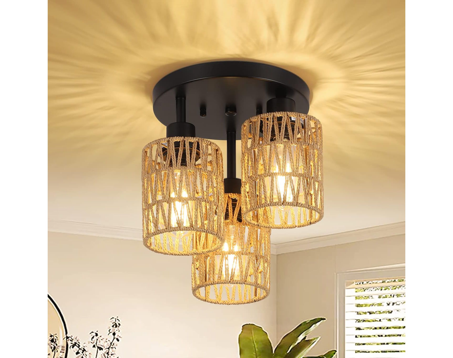 Gulches 11 in Brown Farmhouse Rustic Boho 3-Light Dimmable Flush Mount Ceiling Light for Living Room with Hand Woven Rattan Hollow Shade