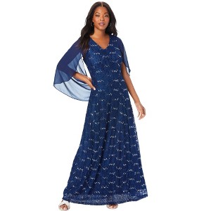 Roaman's Women's Plus Size Lace Cape Gown - 1 of 4