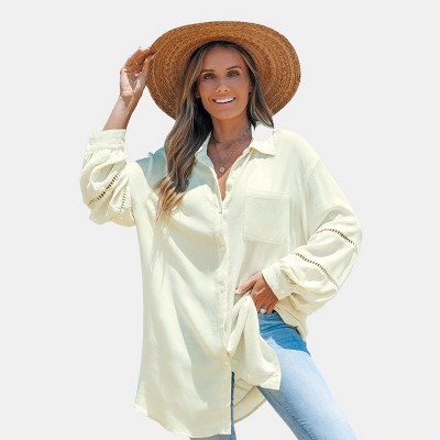 Women's Off-White Long Sleeves Shirt Dress Cover-Up - Cupshe