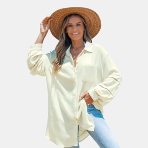 Women's Off-White Long Sleeves Shirt Dress Cover-Up - Cupshe - 1 of 4