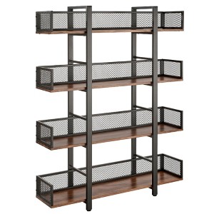Sturdis 4 Tier Solid Pine Wood and Metal Frame Industrial Bookshelf, Bookcase with Mesh Barriers for Bedroom, Office, Living Room, or Classroom, Black - 1 of 4