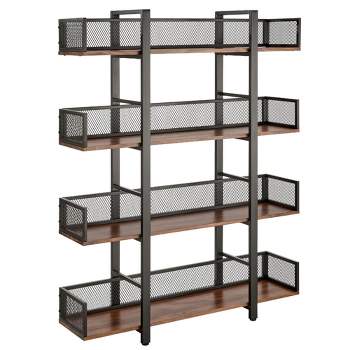 Sturdis 4 Tier Solid Pine Wood and Metal Frame Industrial Bookshelf with Mesh Barriers for Stylish and Practical Book Storage, Black