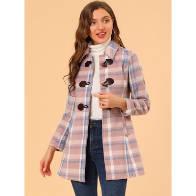 Allegra K Women's Toggle Outerwear Classic Turn Down Collar Plaid Duffle Front Pea Coat Pink Blue X-Small — фото 2