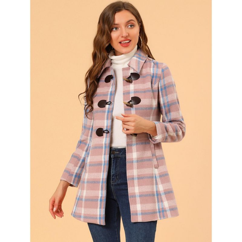 Allegra K Women's Toggle Outerwear Classic Turn Down Collar Plaid Duffle Front Pea Coat, 2 of 7