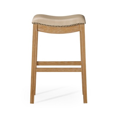 HomeRoots 31" Beige and Natural Faux Leather and Solid Wood Backless Bar Height Bar Chair