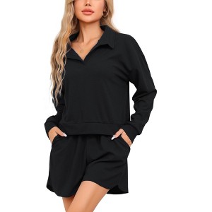 cheibear Women's Waffle Knit Long Sleeve Top and Shorts with Pockets Pajamas Sets 2 Pcs - 1 of 4