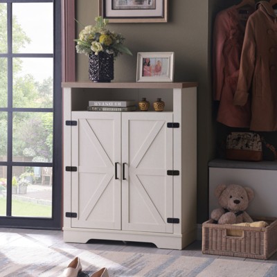 SKRAN 6-Tier Shoe Storage Cabinet, Farmhouse Shoe Rack with Adjustable Shelf & 2-Tier Open Storage with Anti-tip Fitting for Entryway, White+Oak
