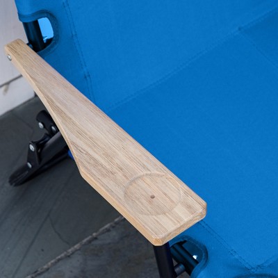 Blue Folding Double Camping Chair with Wood Armrests