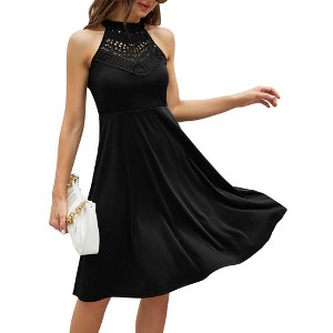 Women’s High Neck Halter Sundress Lace Flared Swing Skater Dress Sleeveless Casual Cocktail Dresses - 1 of 4