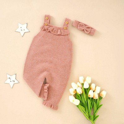 MyKids-Usa Baby Girl Solid Color Ruffle Design Knit Romper With Headband