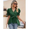 Puff Short Sleeve Ruffle Shirt for Women Deep V Neck Peplum Tops Waist Tie Chiffon Blouses Dressy Casual Waist Wrap Tops - 3 of 4