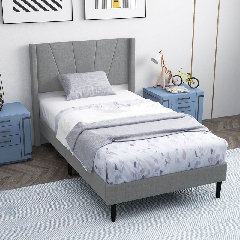 Costway Queen/Twin Bed Frame Modern Platform Bed with Linen Upholstered Wingback Headboard, 4 of 11
