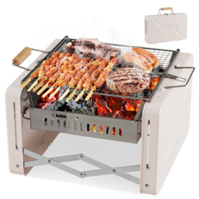 VisioGear Portable BBQ Grill, Foldable Charcoal Grill for Camping, Garden, Outdoor Travel, Beige & Silver, 15"*15"*10"