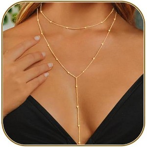 "Dainty Y-Shaped Lariat Necklace For Women, 14K Gold Plated/Silver Layered Beaded Chain Drop Necklace, Trendy Simple Gold Jewelry Gift" - 1 of 4