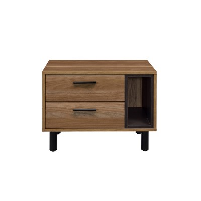 Brown Oak and Black Metal Rectangular Accent Table with Storage