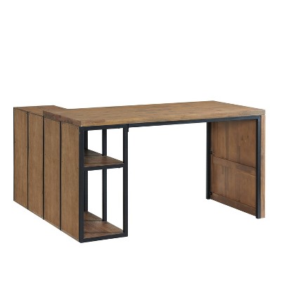 Acacia Wood L-Shaped Corner Desk with Storage Credenza