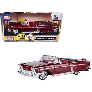 1958 Chevrolet Impala Convertible Lowrider Dark Red Metallic w/Red Interior "Get Low" Series 1/24 Diecast Model Car by Motormax - 1 of 3