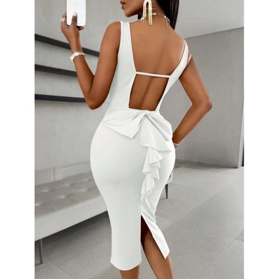 Mocamel Women's Elegant Fitted Dress with Backless Design and Bow Accent