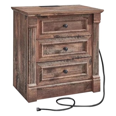 SinCiDo Farmhouse Nightstand w/ Charging Station 26" T Nightstand,23.6" W Roman Column Design,3 Drawer Storage Dresser w/ Metal Handles