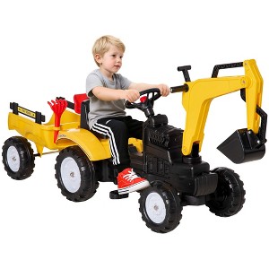 Digger Ride-on Truck Kids Car with Horn, Excavator Ride-on Toy, Imaginative Toy Construction Car, 6 Wheels & Detachable Trailer - 1 of 4