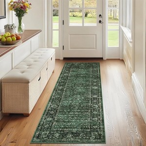 Floral Kitchen Rug – Washable, Non-Slip, Low Pile, Distressed Print Runner for Hallway, Bathroom, Laundry - 1 of 4