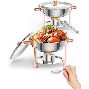 5QT round chafing dish buffet set (2-pack) in gold, NSF-certified stainless steel with lid, spoon, and tweezer, ideal for catering and events. - 1 of 4