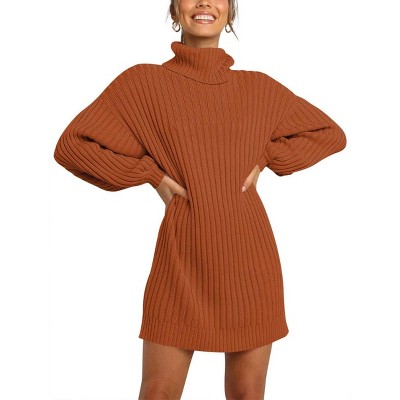 Womens Dress Sweater Knit High Neck Lantern Sleeve Midi Knit Dress